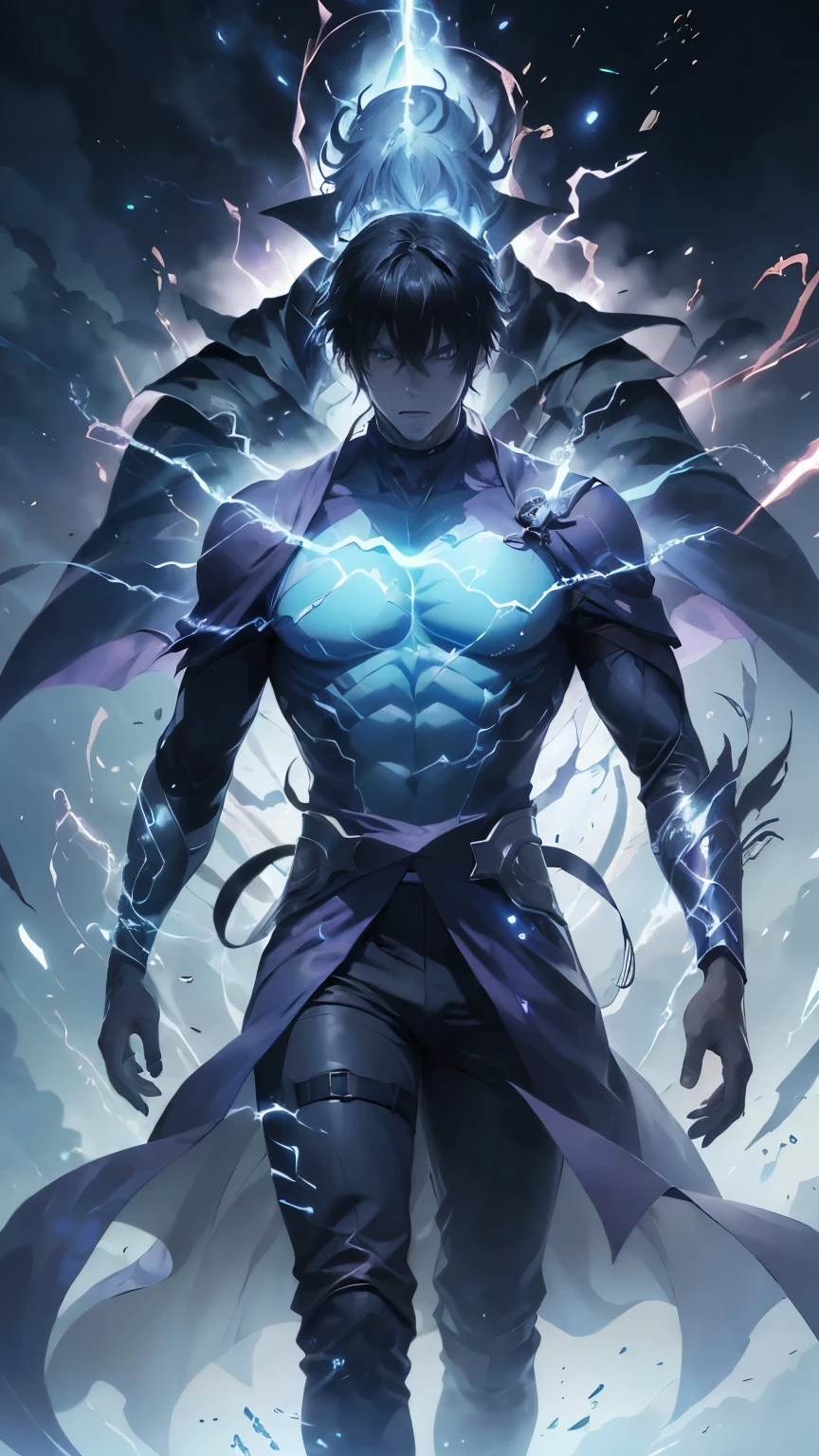 epic anime style, purple lightning, evil temperament, 20-year-old male shadow assassin, glowing black aura, shadow supervisor, handsome face, brilliant and majestic. Beautiful standard body and complete body structure. full body shot of a man with lightning in his hand, an epic anime about a purple energy man, in a battle stance with dark hair and glowing eyes looking at the viewer. Cool Gapmoe Yandere, menacing look, gintama's Hijikata Toushirou, inspired by Masanobu Okumura, the originator of the anime art style, Nobutaka Ike, the night war rages behind him. Highest image quality 8K, details everything 8K.