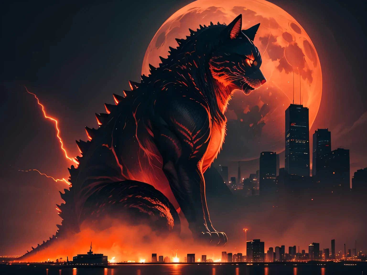 A dark night over the city, red moon, red moon with energy flow, energy tide, bad premonition, view, don&#39;t need humans, There is a flow of energy., Very realistic, 4k, Godzilla, like a short-legged orange cat, is destroying the city.