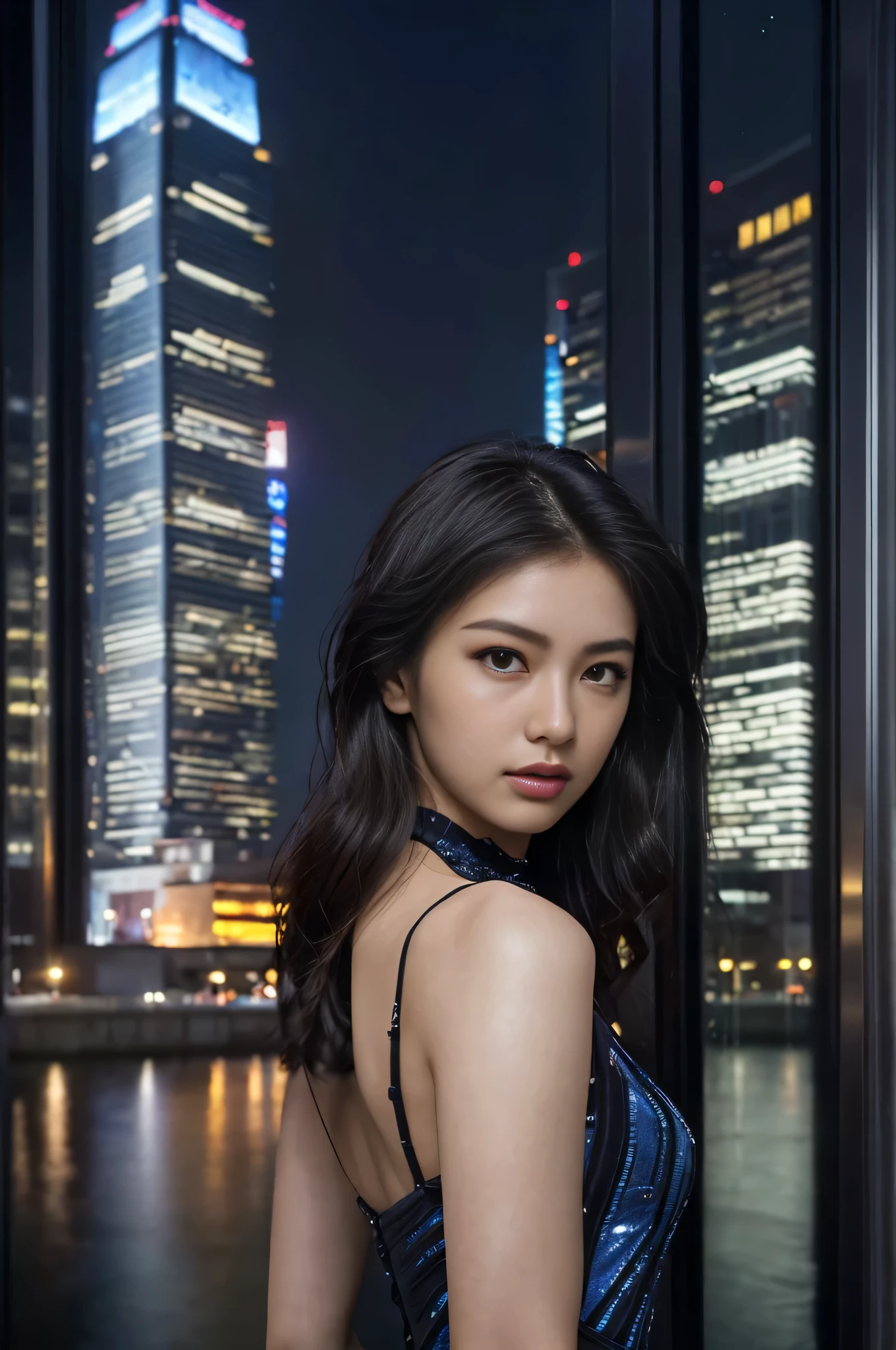 ((table top:1.4, highest quality)), (realistic pictures:1.4),
((1 girl)), glossy black hair,
(超High resolution:1.2), very delicate and beautiful, wonderful,
Highly detailed CG Unity 8k wallpaper, Super detailed, High resolution, soft light,
beautiful detailed girl, highly detailed eyes and face, beautifully detailed nose, beautiful and detailed eyes,
(gorgeous long dress:1.4),
cinematic lighting, perfect anatomy, slender body, firm chest,
(Build a night city), (Glass skyscraper:1.4), (The beauty of the lights of commercial facilities reflected on the buildings at night:1.4), (Beautiful form with an inorganic atmosphere),
cowboy shot, looking at the viewer
