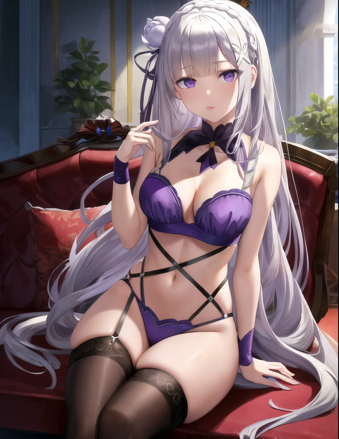 (masterpiece:1.3), (absurdres:1.3), (best quality:1.3), (ultra-detailed:1.3),(best shadow:0.7), (handled hair), perfect anatomy, 1girl, solo, noa, noa-outfit, halo, Emilia re:zero, purple eyes, Emilia, crown braid, x hair ornament, flower hair ornament, white hair, long hair, medium breasts, very long hair, sleeveless, bondage_outfit, dominatrix,