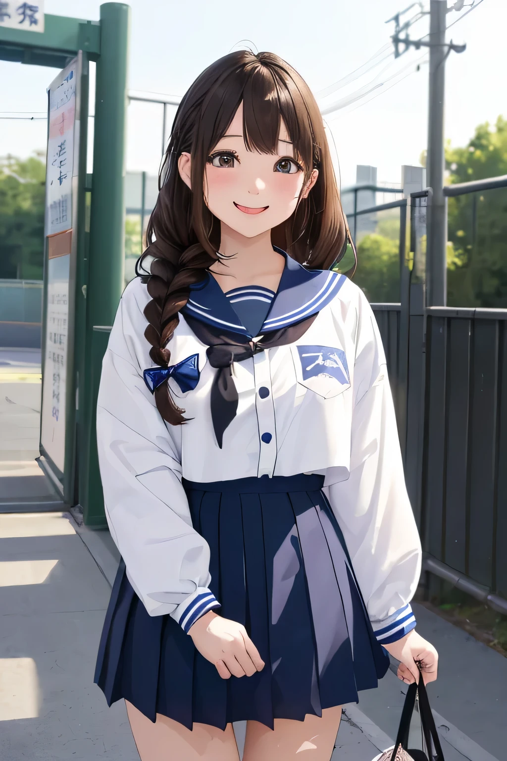 (highest quality:1.4)、ultra high resolution、detailed background、masterpiece、Anatomically correctNew、(Detailed beauty new face:1.4)、cute age girl、brown hair、braided bob、braided hairstyles、huge breasts、realistic、perfect body line、first time々New、Japanese high school、In front of the main gate of the school、Stand in front of the main gate、Entrance ceremony、(Two beautiful girls standing in front of the main gate in high school:1.5)、
(navy blue sailor suit:1.2)、(white sailor collar)、navy pleated mini skirt、white knee high socks、cowboy shot、
A big smile、Looks like fun、Commemorative photo、cute gesture、cute
