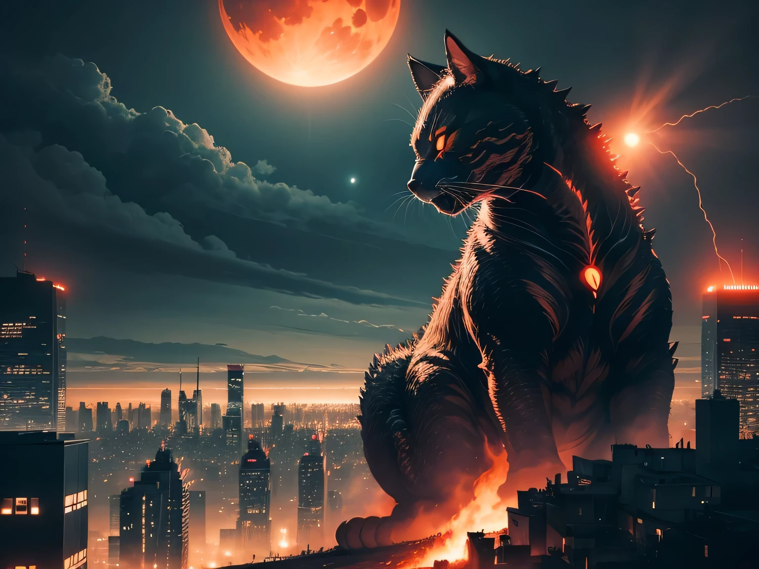A dark night over the city, red moon, red moon with energy flow, energy tide, bad premonition, view, don&#39;t need humans, There is a flow of energy., Very realistic, 4k, Godzilla, like a short-legged orange cat, is destroying the city.