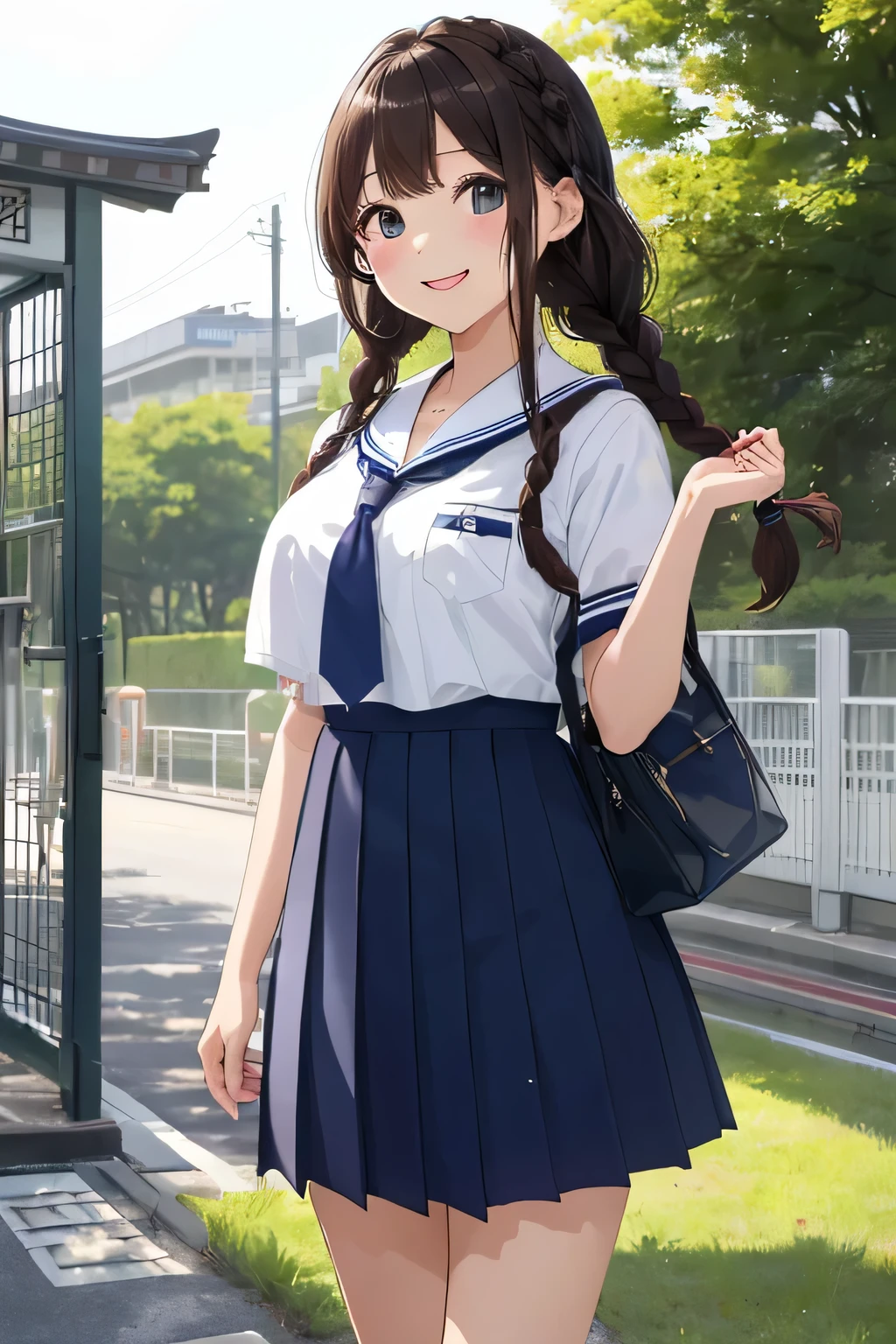 (highest quality:1.4)、ultra high resolution、detailed background、masterpiece、Anatomically correctNew、(Detailed beauty new face:1.4)、cute age girl、brown hair、braided bob、braided hairstyles、huge breasts、realistic、perfect body line、first time々New、Japanese high school、In front of the main gate of the school、Stand in front of the main gate、Entrance ceremony、(Two beautiful girls standing in front of the main gate in high school:1.5)、
(navy blue sailor suit:1.2)、(white sailor collar)、navy pleated mini skirt、white knee high socks、cowboy shot、
A big smile、Looks like fun、Commemorative photo、cute gesture、cute