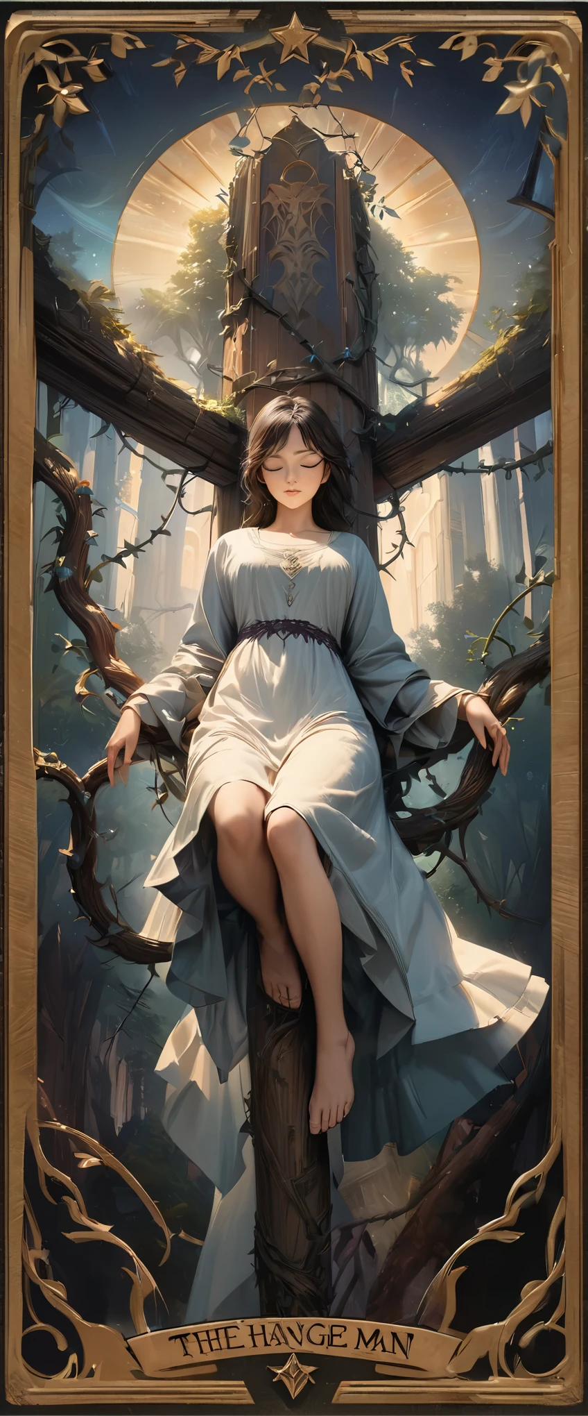 tarot cards,Detailed illustration of the Hanged Man tarot card. An inverted figure, suspended by one leg from a wooden beam. The figure's face serene, eyes closed in meditation. Surrounding the figure, a dense forest with ancient trees and dangling vines. The sky above, a mix of deep blues and purples, with stars faintly visible. The atmosphere peaceful and serene, evoking a sense of stillness and introspection. High-resolution, realistic details, and vibrant colors.Nordic style,church background,8k,high quality,masterpiece,Super fine