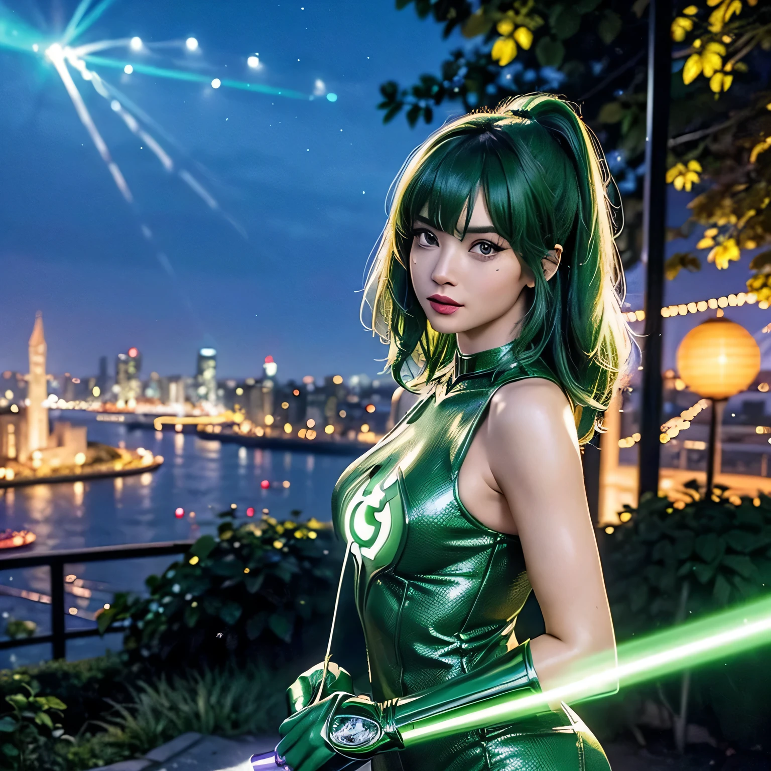 A scene from a movie, Woman dressed as a Green Lantern in DC, very detailed, futuristic cityscape, at night, glowing neon lights, cigarette, spark, metal shavings, flying debris, blue energy effect, volume light