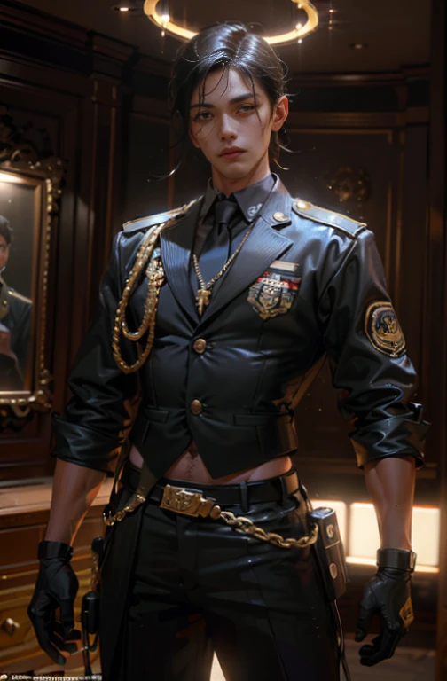 1 young handsome guy，20-25 years old，police officers，Interpol，Police Department，With a gun，Handsome，musculous，Thin muscles，hairy bodies，Police uniform（Fine eye 1：3），Black eyes，full bodyesbian，full bodyesbian ，epic realism, epic photorealistic 