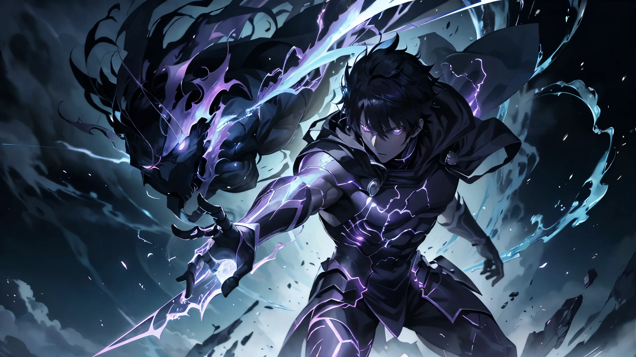 epic anime style, purple lightning, evil temperament, 20-year-old male shadow assassin, glowing black aura, shadow supervisor, handsome face, brilliant and majestic. Beautiful standard body and complete body structure. full body shot of a man with lightning in his hand, an epic anime about a purple energy man, in a battle stance with dark hair and glowing eyes looking at the viewer. Cool Gapmoe Yandere, menacing look, gintama's Hijikata Toushirou, inspired by Masanobu Okumura, the originator of the anime art style, Nobutaka Ike, the night war rages behind him. Highest image quality 8K, details everything 8K.