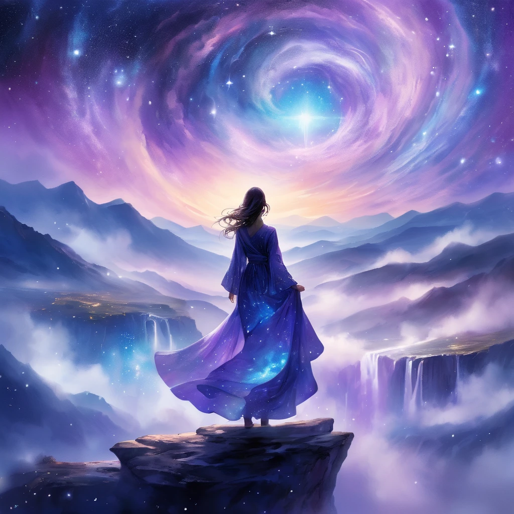 A figure stands on a cliff, enveloped in swirling streams of cosmic energy, amidst a dreamy, nebulous landscape. The silhouette of the person is wrapped in a flowing, ethereal gown that merges with the celestial currents. The sky is a tapestry of deep purples and blues, sprinkled with stars, and the landscape below is hinted at with soft, rolling mountains. The scene is one of tranquility and the sublime, capturing the majestic essence of the cosmos with a single, contemplative figure standing in awe.