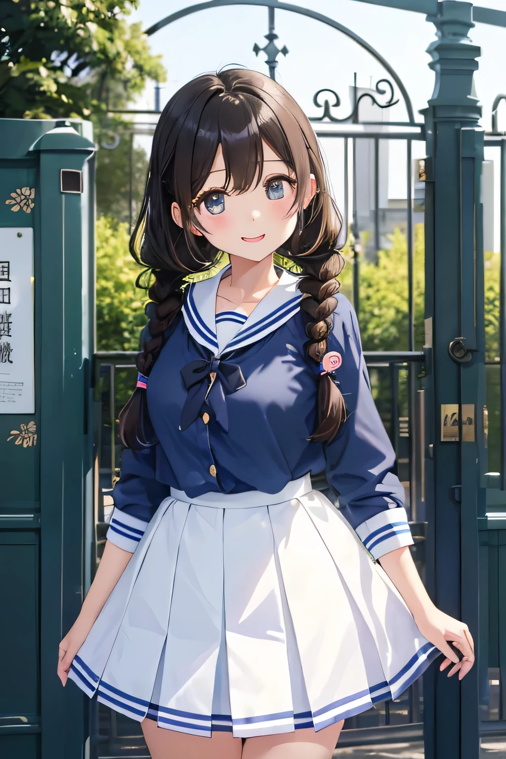 (highest quality:1.4)、ultra high resolution、detailed background、masterpiece、Anatomically correctNew、(Detailed beauty new face:1.4)、cute age girl、brown hair、braided bob、braided hairstyles、huge breasts、realistic、perfect body line、first time々New、Japanese high school、In front of the main gate of the school、Stand in front of the main gate、Entrance ceremony、
(navy blue sailor suit:1.2)、(white sailor collar)、navy pleated mini skirt、white knee high socks、cowboy shot、
(Two beautiful girls standing in front of the main gate in high school:1.6)、A big smile、Looks like fun、Commemorative photo、cute gesture、cute