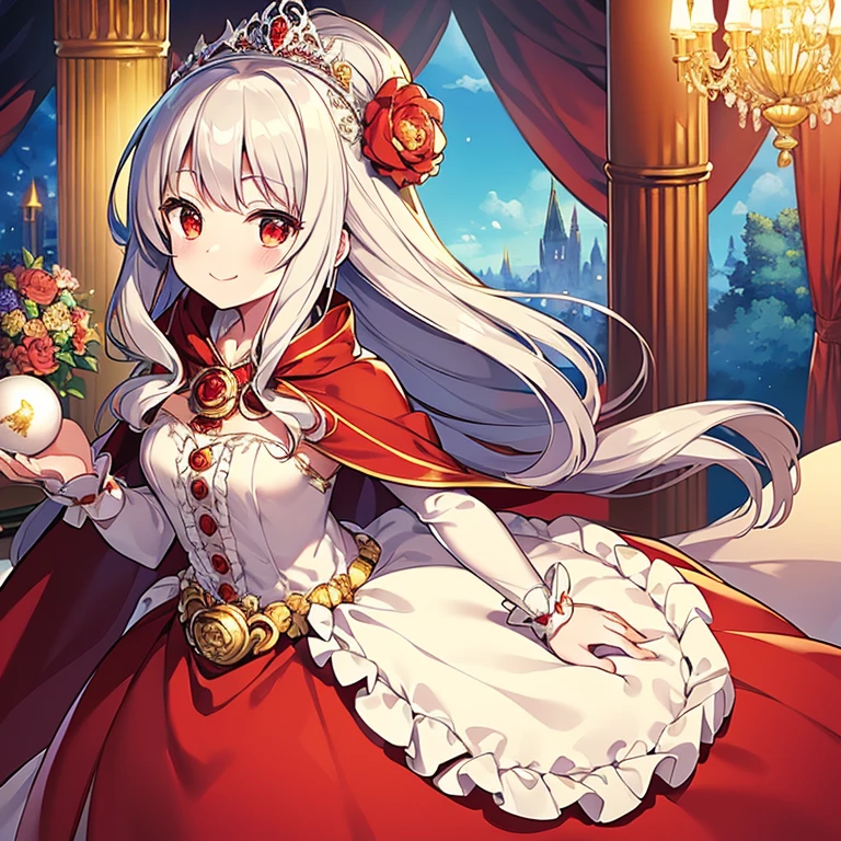 (best quality),(ultra detailed), upper body, beautiful anime art style, rococo style,(long train red cape), very long cape,(long train white ball gown with flower decorations), a girl is wearing a cape over her ball gown, 1 little princess, tiara, small breasts, smile, very long hair