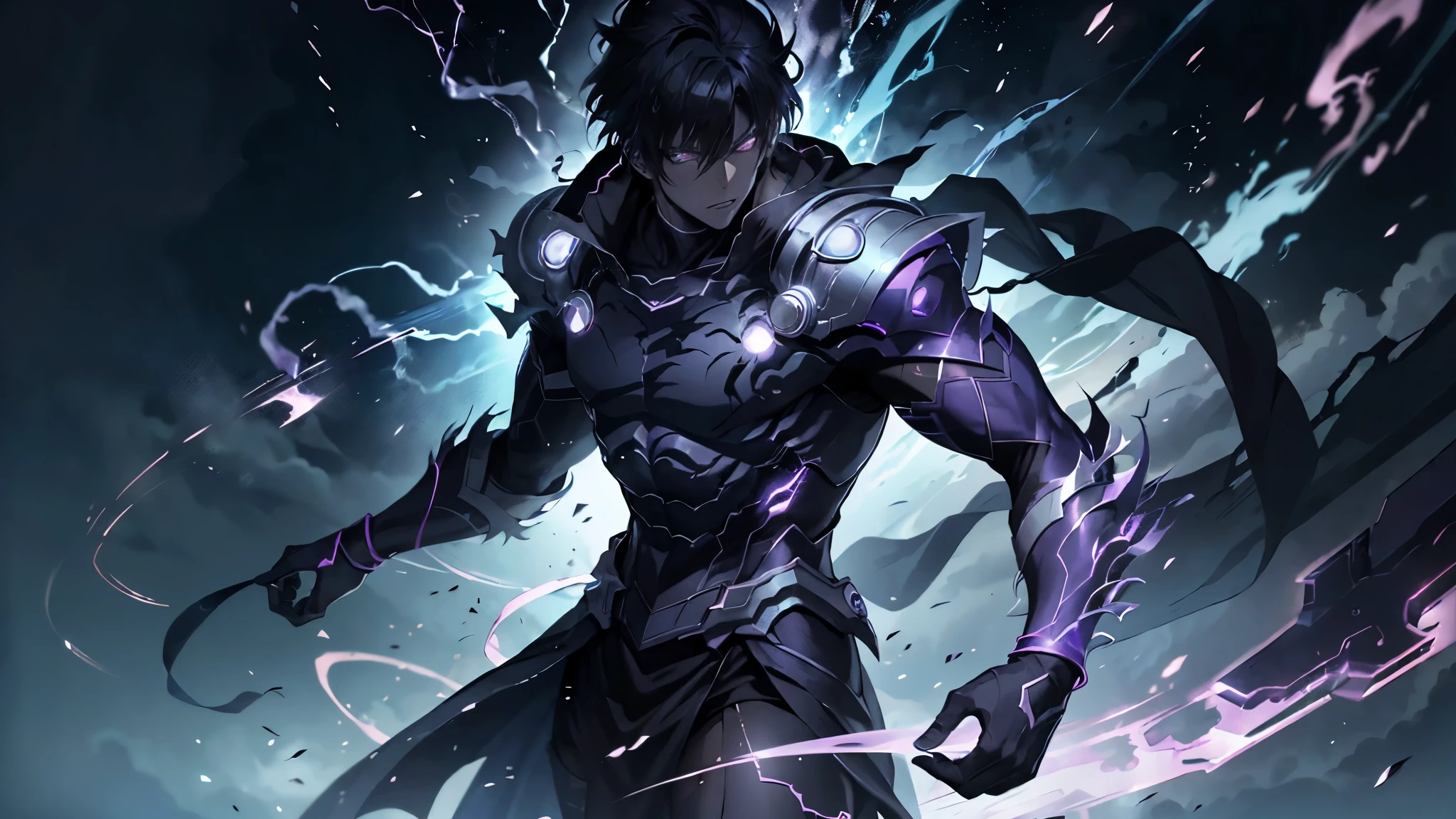 epic anime style, purple lightning, evil temperament, 20-year-old male shadow assassin, glowing black aura, shadow supervisor, handsome face, brilliant and majestic. Beautiful standard body and complete body structure. full body shot of a man with lightning in his hand, an epic anime about a purple energy man, in a battle stance with dark hair and glowing eyes looking at the viewer. Cool Gapmoe Yandere, menacing look, gintama's Hijikata Toushirou, inspired by Masanobu Okumura, the originator of the anime art style, Nobutaka Ike, the night war rages behind him. Highest image quality 8K, details everything 8K.