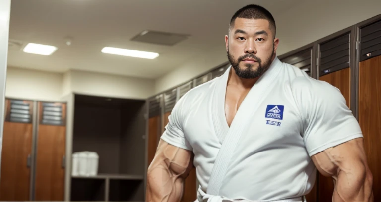 (open-chested clothing:1.4), (judo uniform:1.2), (inside club locker room:1.2), Japanese man, Chinese man, Korean man, Taiwanese man, manly face, (round face:1.2), (monolid eyes:1.2), (buzz cut:1.4), very large and strong body, (bulging muscles:1.3), (very large pectoral muscles:1.3), (muscular arms:1.3), muscular abs, muscular legs, muscular back, brightens oily skin, master piece, realistic, panorama, distant view