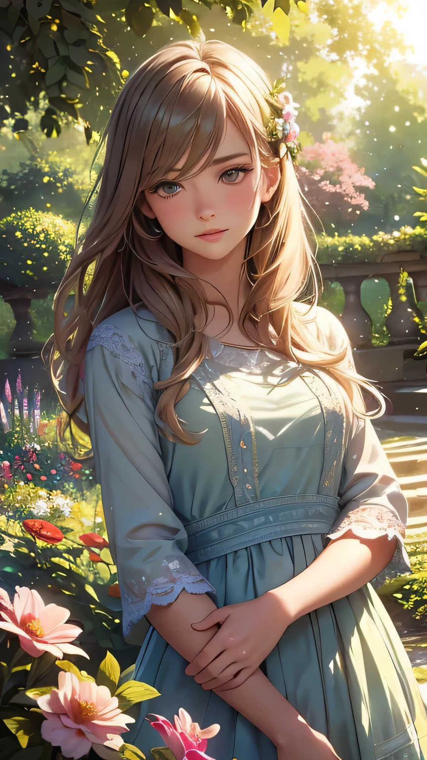 A girl in a floral garden, vibrant with colors, ((photorealistic)),((Hyper realistic)),((sharp focus)),(highest resolution),(the most absurd quality),(masterpiece) portrays a peaceful scene. This artwork, created with (oil paints:1.1), showcases the lush (greenery) and delicate (blooming flowers). The girl is wearing a (flowing dress) that compliments the lively surroundings. Her (beautiful detailed eyes, beautiful detailed lips, long eyelashes) exude a sense of (tranquility) and wonder. The garden is illuminated with (soft sunlight), casting gentle (sunlight) and (shadows) on the girl and the surrounding nature. The combination of (realistic, photorealistic:1.37) details, (sharp focus), and (bokeh) effect results in an (ultra-detailed) and captivating masterpiece. This artwork is evocative of the (impressionism) style, with a (colorful palette) that adds depth and richness to the scene, creating a sense of (serenity) and (joy). The (landscape) is harmoniously balanced, inviting the viewer to immerse themselves in the atmosphere of the garden, feeling the breeze and listening to the gentle rustling of leaves.