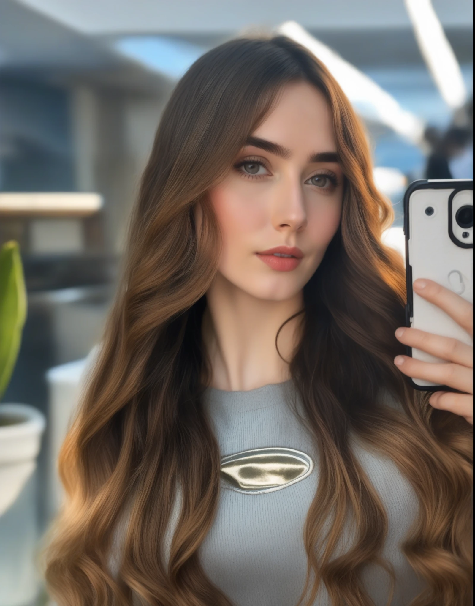 A closeup of a woman taking a selfie with her cell phone, El asiente, anna nikonova aka new milkmaid, Dasha Taran, brunette with dyed blonde hair, long loose brown hair, lily collins, con cabello largo, estilo de julia razumova, long brown hair with bangs, belleza asombrosa, girl with brown hair, desnuda y con los senos descubiertos, sin censura