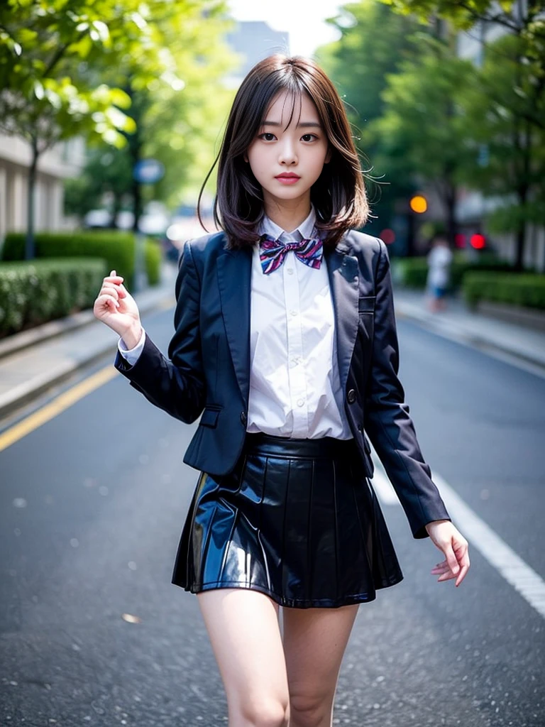 (masterpiece, highest quality:1.4), award-winning portraits, 8K, 85mm, alone, beautiful face, delicate girl, , (dark navy blazer jacket), dark navy skirt, long sleeve, violaces, gardenia, grace, Sophisticated, cute, teen, looking at the viewer, , Raw photo, disorganized, HDR, sharp focus, A bow tie, background bokeh、(((flat 、thin and delicate body、A childish atmosphere)))、shiny semi-long hair、hair swaying in the wind、Mole on the left cheek、large, round, dark blue eyes、full body、random pose、Run、sprinting、Skirt fluttering in the wind、Junior idol、Nogizaka Idol、widening skirt、jump、mole under eye、