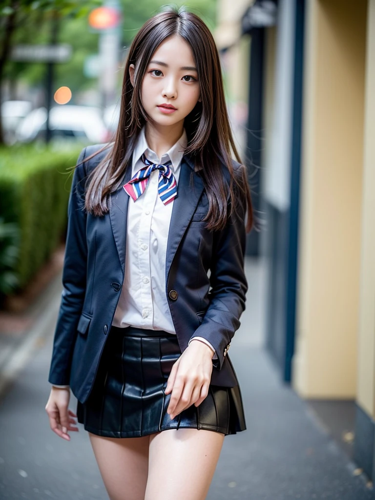 (masterpiece, highest quality:1.4), award-winning portraits, 8K, 85mm, alone, beautiful face, delicate girl, , (dark navy blazer jacket), dark navy skirt, long sleeve, violaces, gardenia, grace, Sophisticated, cute, teen, looking at the viewer, , Raw photo, disorganized, HDR, sharp focus, A bow tie, background bokeh、(((flat 、thin and delicate body、A childish atmosphere)))、shiny semi-long hair、hair swaying in the wind、Mole on the left cheek、large, round, dark blue eyes、full body、random pose、Run、sprinting、Skirt fluttering in the wind、Junior idol、Nogizaka Idol、widening skirt、jump、mole under eye、