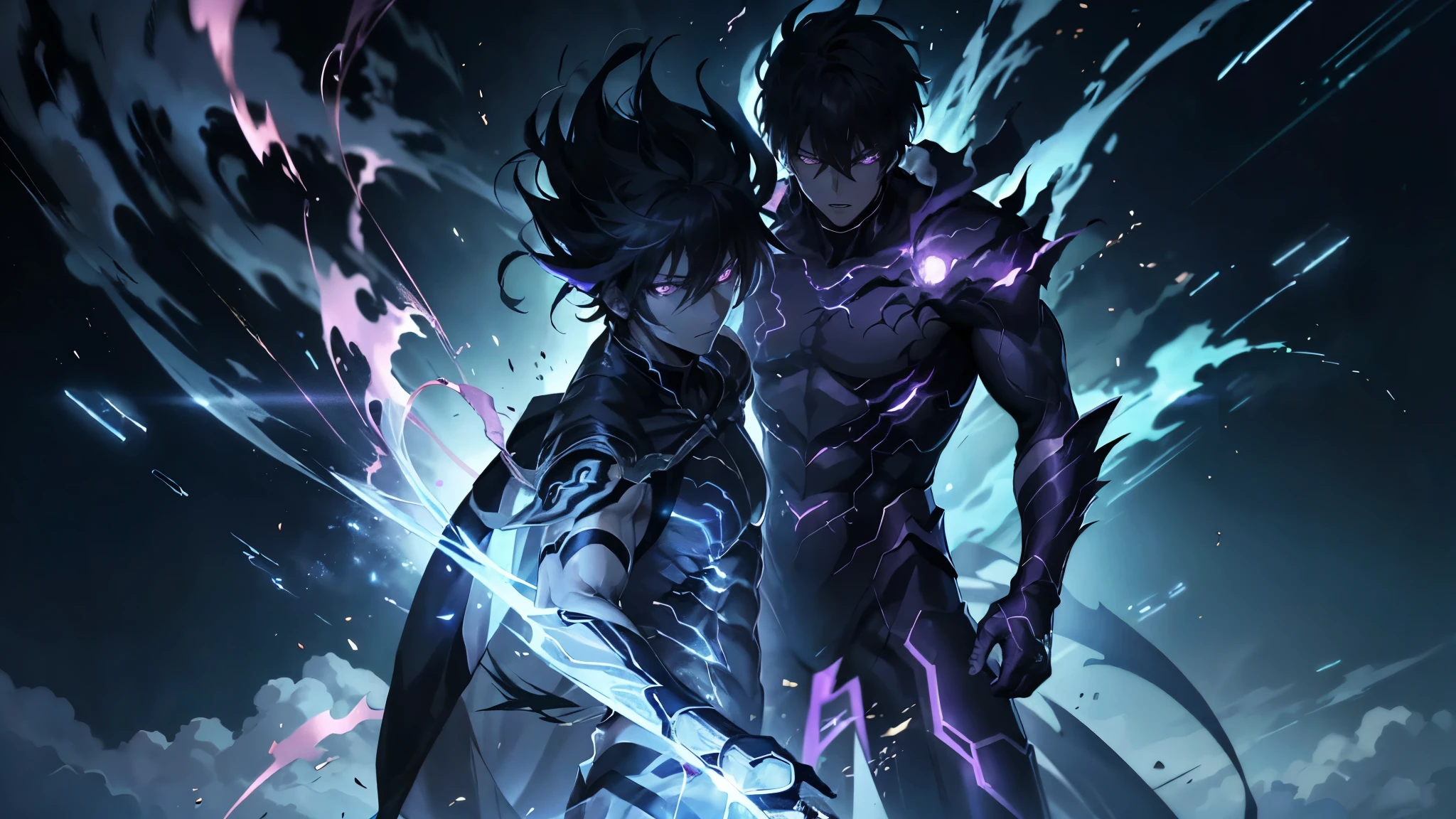 epic anime style, purple lightning, evil temperament, 20-year-old male shadow assassin, glowing black aura, shadow supervisor, handsome face, brilliant and majestic. Beautiful standard body and complete body structure. full body shot of a man with lightning in his hand, an epic anime about a purple energy man, in a battle stance with dark hair and glowing eyes looking at the viewer. Cool Gapmoe Yandere, menacing look, gintama's Hijikata Toushirou, inspired by Masanobu Okumura, the originator of the anime art style, Nobutaka Ike, the night war rages behind him. Highest image quality 8K, details everything 8K.