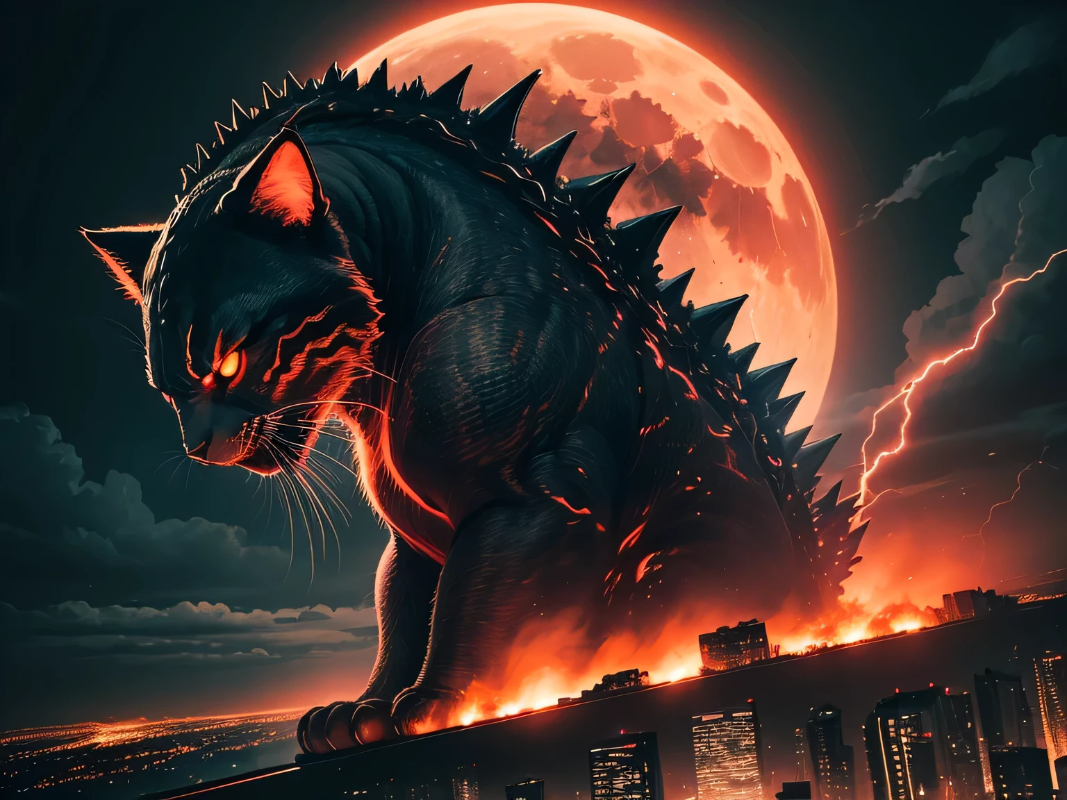 A dark night over the city, red moon, red moon with energy flow, energy tide, bad premonition, view, don&#39;t need humans, There is a flow of energy., Very realistic, 4k, Godzilla, like a short-legged orange cat, is destroying the city.