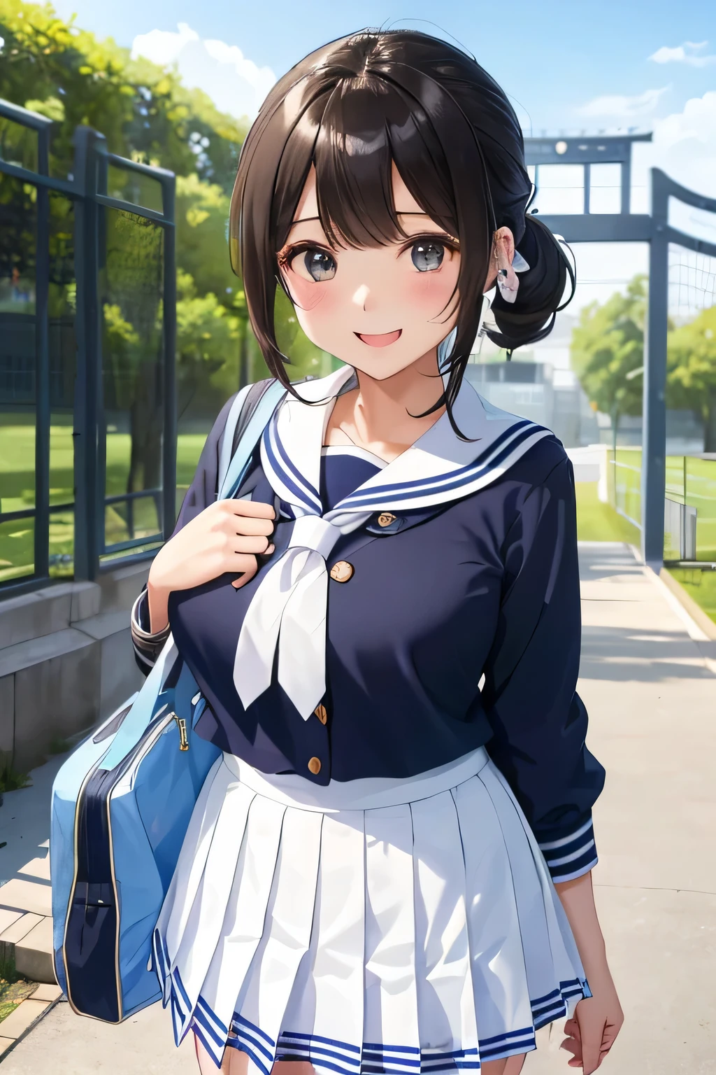 (highest quality:1.5)、ultra high resolution、detailed background、masterpiece、Anatomically correctNew、(Detailed beauty new face:1.4)、cute age girl、brown hair、Bob cut or ponytail、(huge breasts:1.2)、realistic、perfect body line、first time々New、Japanese high school、In front of the main gate of the school、Stand in front of the main gate、Entrance ceremony、
(navy blue sailor suit:1.2)、(white sailor collar)、navy pleated mini skirt、white knee high socks、cowboy shot、
(Two beautiful girls standing in front of the main gate in high school:1.5)、(A big smile:1.2)、Looks like fun、Commemorative photo、cute gesture、cute