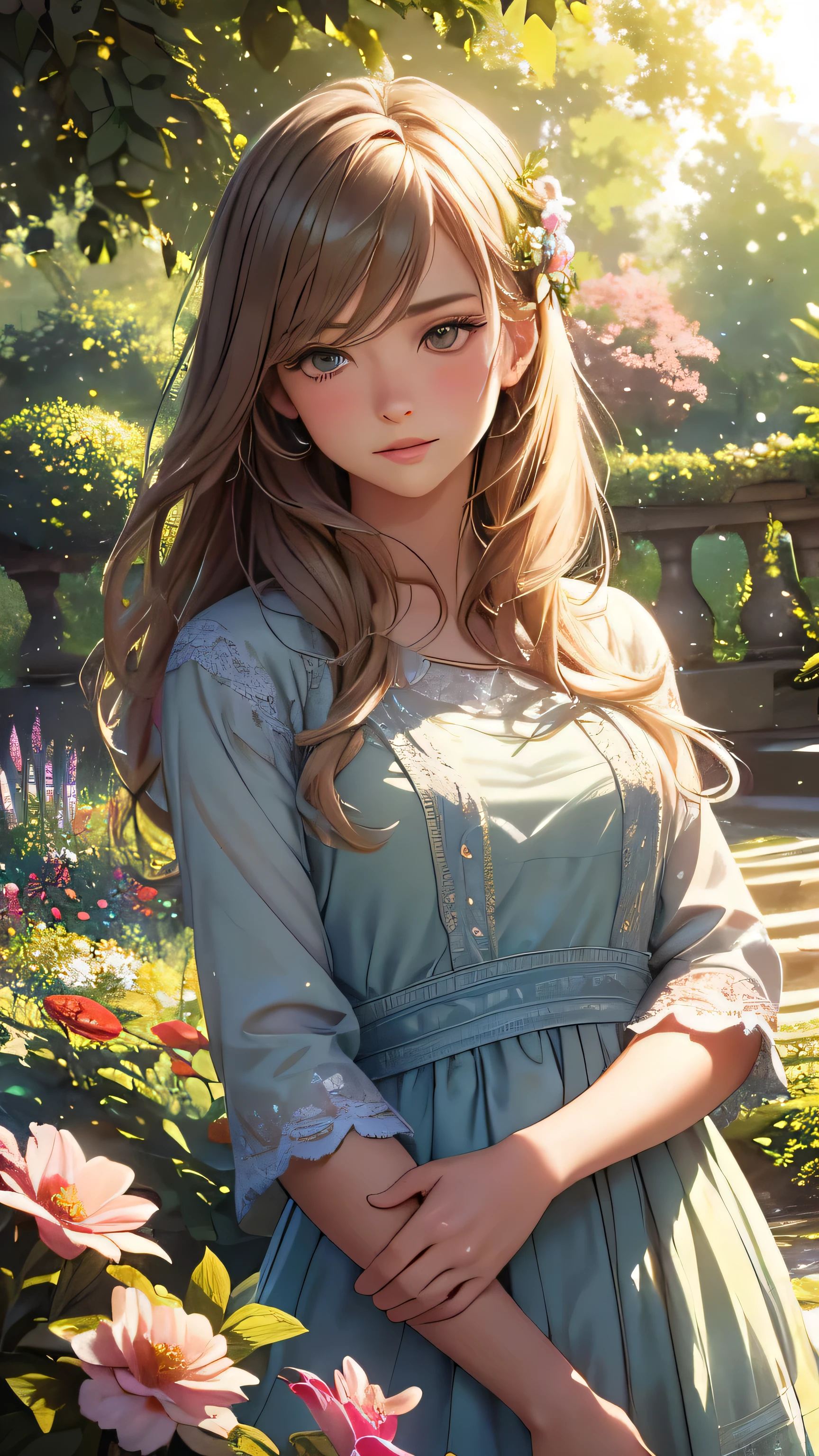 A girl in a floral garden, vibrant with colors, ((photorealistic)),((Hyper realistic)),((sharp focus)),(highest resolution),(the most absurd quality),(masterpiece) portrays a peaceful scene. This artwork, created with (oil paints:1.1), showcases the lush (greenery) and delicate (blooming flowers). The girl is wearing a (flowing dress) that compliments the lively surroundings. Her (beautiful detailed eyes, beautiful detailed lips, long eyelashes) exude a sense of (tranquility) and wonder. The garden is illuminated with (soft sunlight), casting gentle (sunlight) and (shadows) on the girl and the surrounding nature. The combination of (realistic, photorealistic:1.37) details, (sharp focus), and (bokeh) effect results in an (ultra-detailed) and captivating masterpiece. This artwork is evocative of the (impressionism) style, with a (colorful palette) that adds depth and richness to the scene, creating a sense of (serenity) and (joy). The (landscape) is harmoniously balanced, inviting the viewer to immerse themselves in the atmosphere of the garden, feeling the breeze and listening to the gentle rustling of leaves.