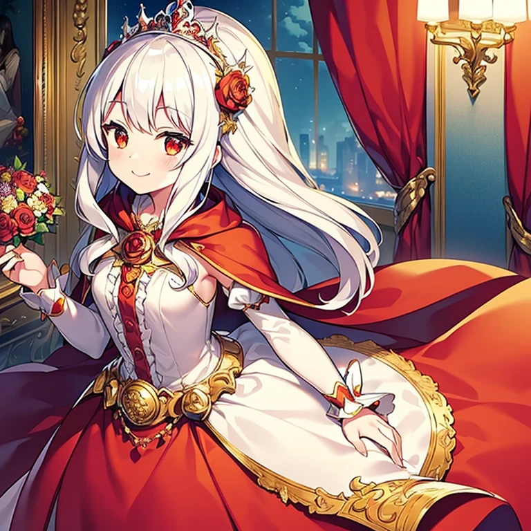 (best quality),(ultra detailed), upper body, beautiful anime art style, rococo style,(long train red cape), very long cape,(long train white ball gown with flower decorations), a girl is wearing a cape over her ball gown, 1 little princess, tiara, small breasts, smile, very long hair