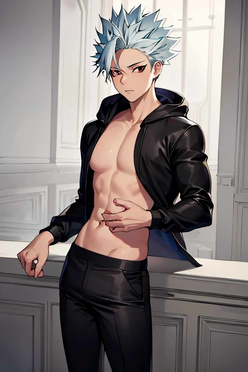 masterpiece, best quality, ultra-detailed, illustration, 1boy, solo, male focus,black hoodie,black trousers, looking at viewer,standing ,half body photo , ban_nanatsu_no_taizai, , ,
