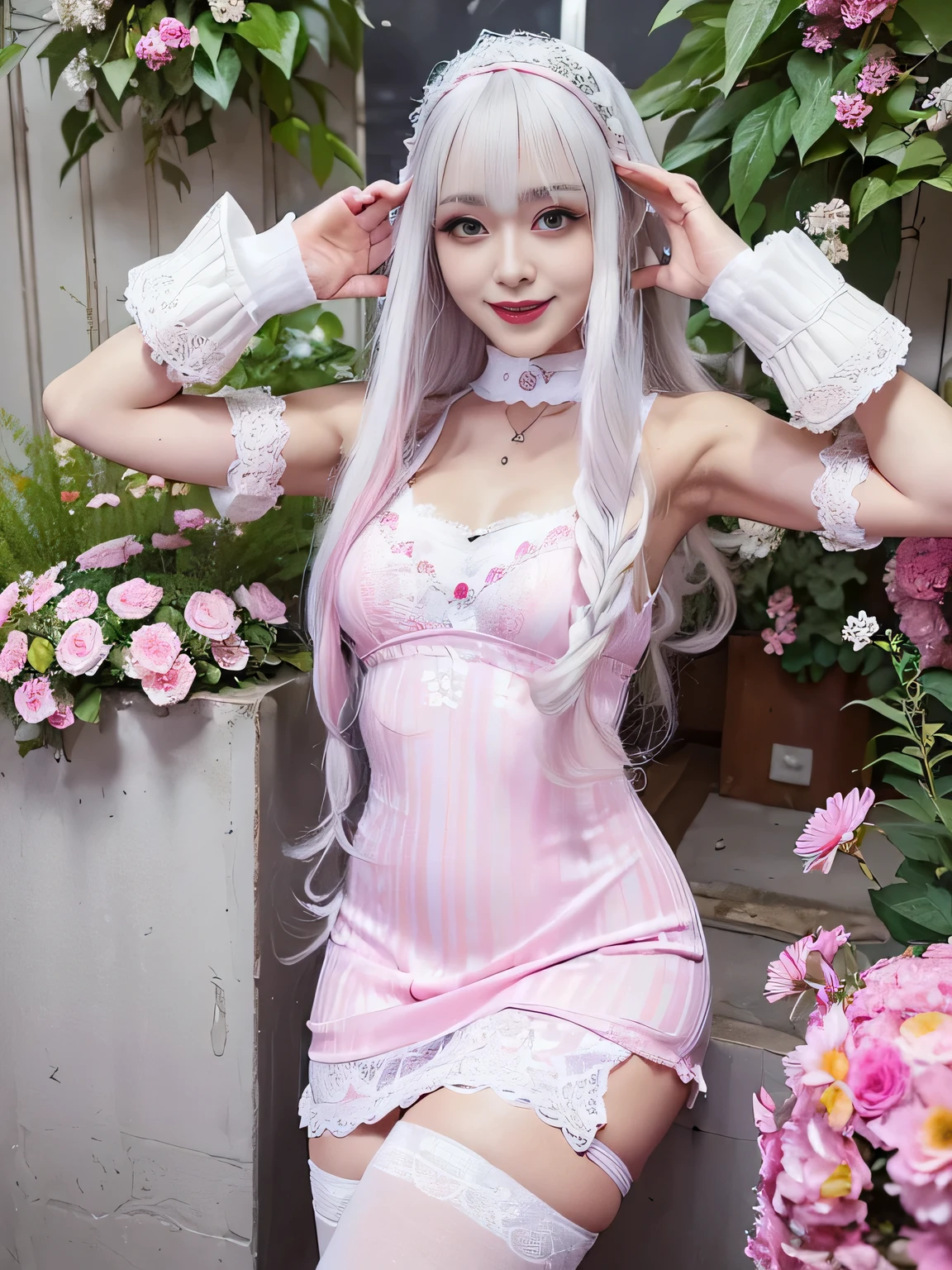 (realistic,masterpiece, highest quality: 1.4),(woman,smile(White hair,pink streaked hair,perm hair)),((Show your armpits)open your legs)(mini dress,lace underwear,Lace embroidery,headdress,choker,gloves up to the elbow,garter stockings,cloak),(garden,colorful flowers)gal.safetensors