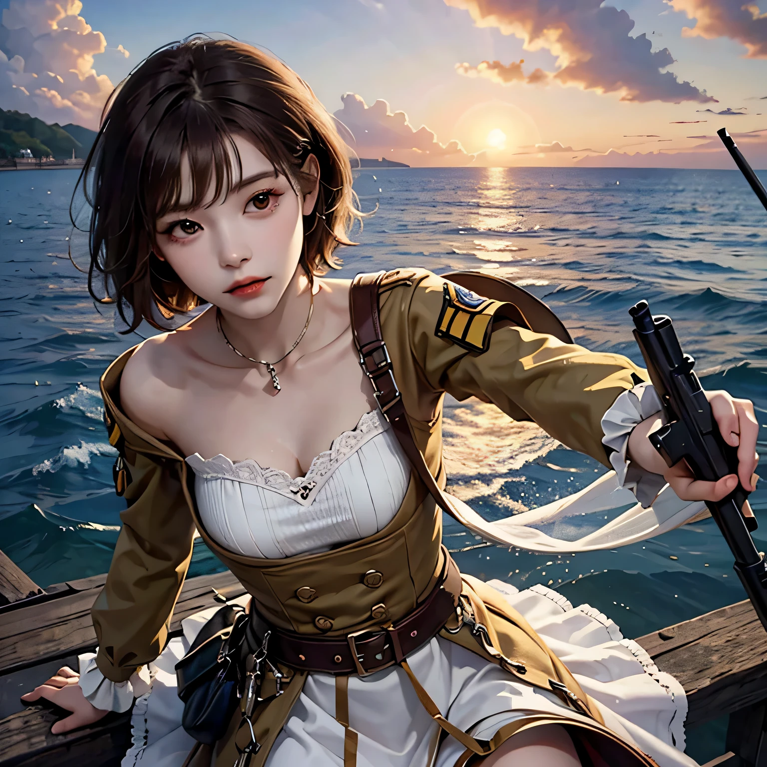 absurd solution, High resolution, (masterpiece: 1.4), hyper detail, Weapons test site on an empty pier by the sea, ****ung woman, short red hair, soldier outfit, very serious expression