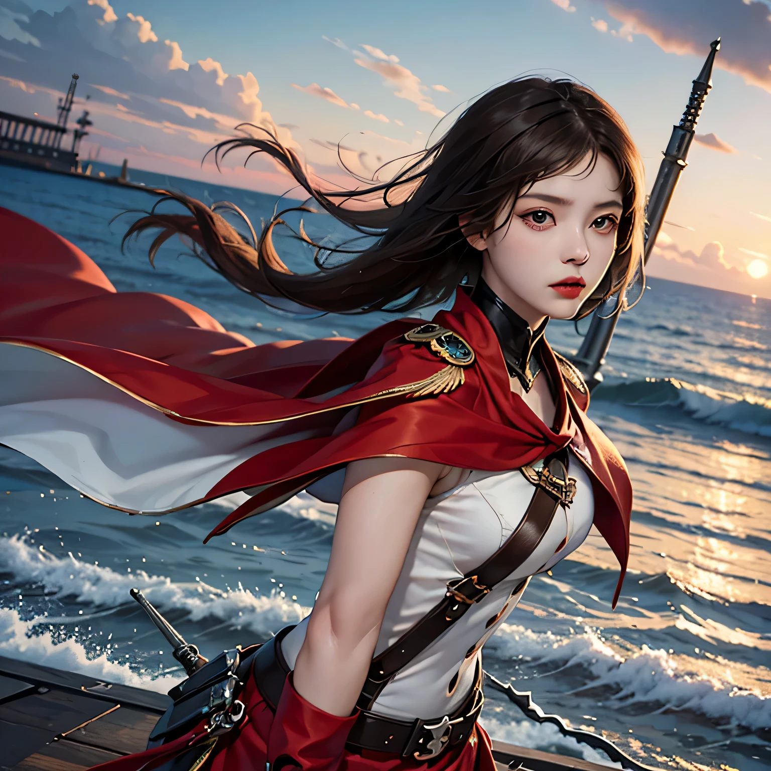 absurd solution, High resolution, (masterpiece: 1.4), hyper detail, Weapons test site on an empty pier by the sea, ****ung woman, short red hair, soldier outfit, very serious expression