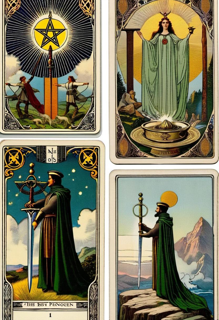 Tarot cards, Rider—Waite Tarot style, collage- quatrich 4 images: sword rod cup pentacle, stack of cards, aesthetics,, protogen, ((best quality, Masterpiece)), ((Highest detail)), RAW:1,1, 8k