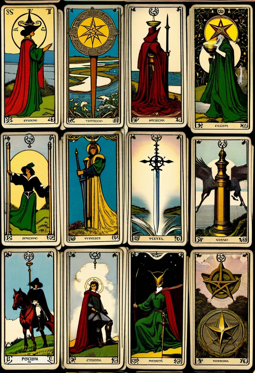 Tarot cards, Rider—Waite Tarot style, collage- quatrich 4 images: sword rod cup pentacle, stack of cards, aesthetics,, protogen, ((best quality, Masterpiece)), ((Highest detail)), RAW:1,1, 8k