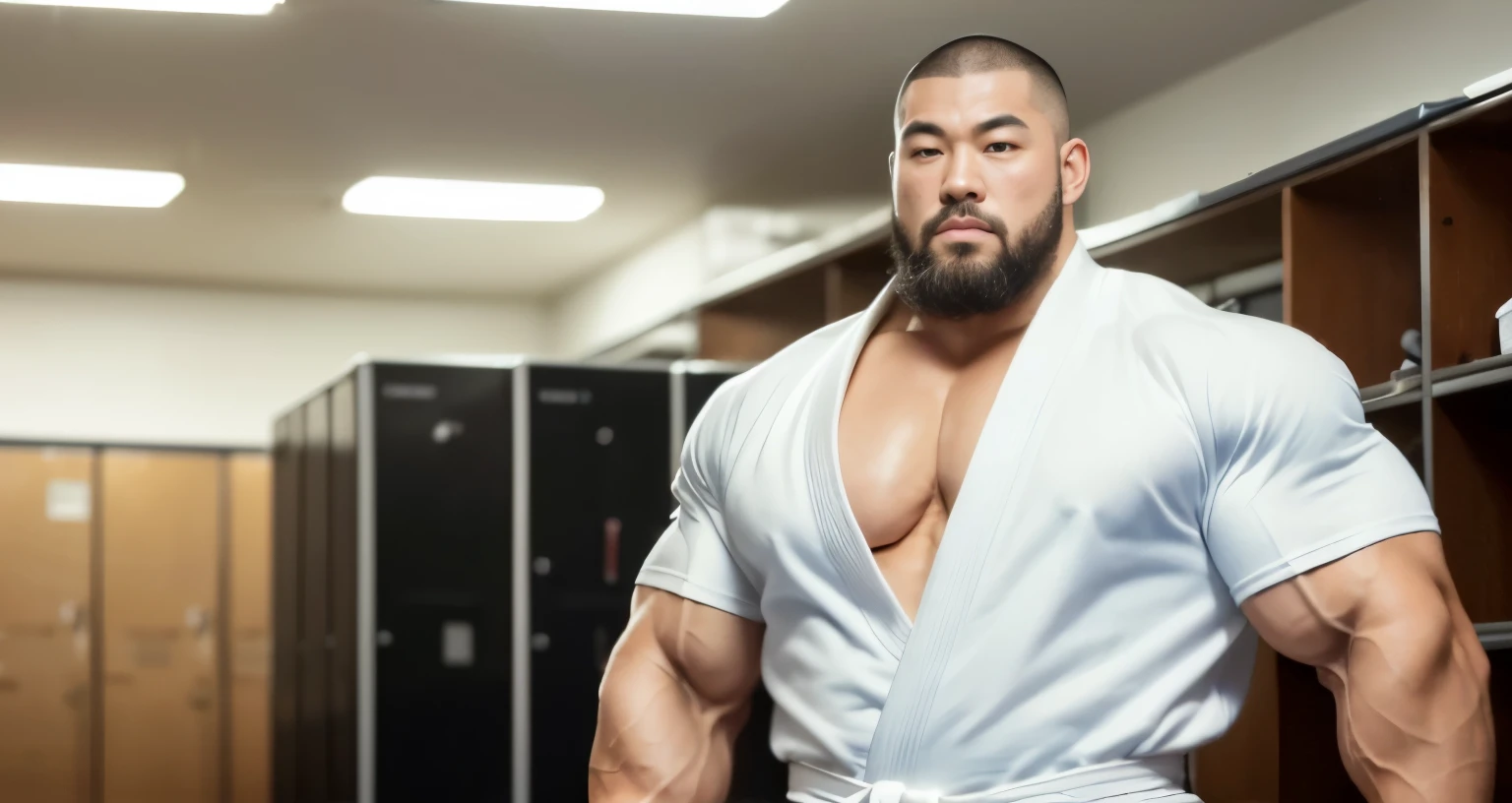 (open-chested clothing:1.4), (judo uniform:1.2), (inside club locker room:1.2), Japanese man, Chinese man, Korean man, Taiwanese man, manly face, (round face:1.2), (monolid eyes:1.2), (buzz cut:1.4), very large and strong body, (bulging muscles:1.3), (very large pectoral muscles:1.3), (muscular arms:1.3), muscular abs, muscular legs, muscular back, brightens oily skin, master piece, realistic, panorama, distant view