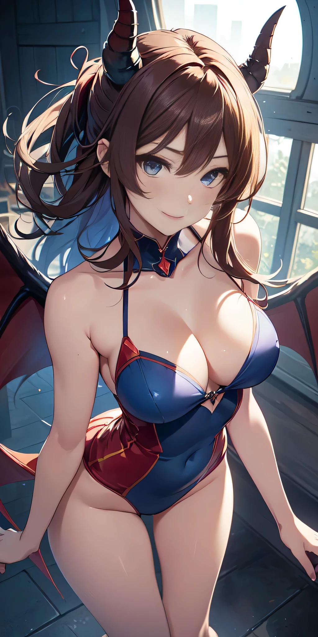 (large demon wings the size of her body), 1 demon girl, bright red yellow crystal eyes, demon horns, demonic tail, long light blue hair, bewitching smile, (lips parted), hair ornaments, provocative blue clothes, (Flying like an owl when hunting), approaching the roof, blue night, 18 years old, sharp focus, looking at the roof, cowboy photo, very sexy girl, sexy hunting pose, (blueberry theme: 1.1) , (blue tone: 1.1), illustration),all realistic intricate details: "(solo, cute, brown hair, blue eyes, medium breasts, firm breasts, symmetrical face, short drees, very sexy)" random angle