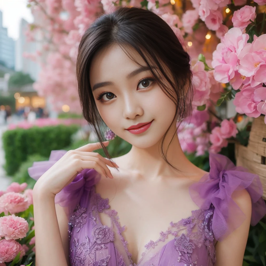 araffe woman in a purple dress posing for a picture, beautiful asian girl, cute elegant pose, beautiful young korean woman, gorgeous chinese model, beautiful south korean woman, purple dress, elegant smiling pose, beautiful girl model, lovely woman, cute beautiful, 8k artgerm bokeh, yanjun chengt, ethereal beauty, xintong chen, chinese girl