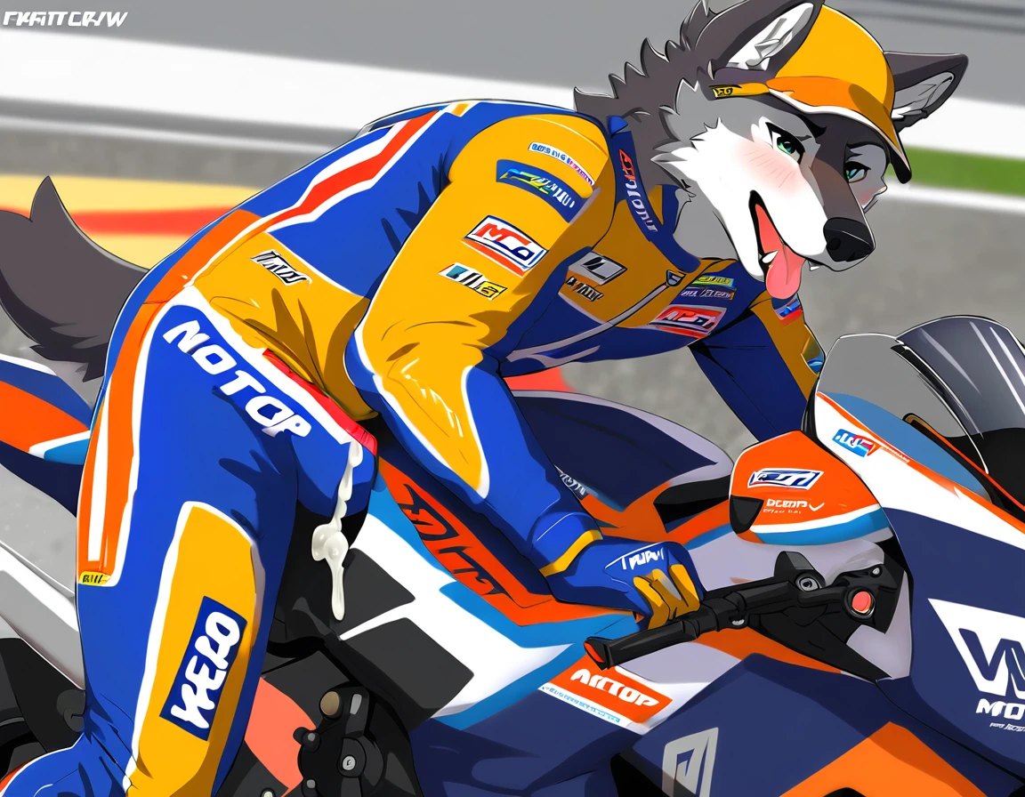 Wolf, is  wearing a motogp racing suit, sharpening 4k motogp racing suit, show big dick, penis(erection), full hard-dick, 4k dick, 4K(CUM), moaning face, 4k image, uhd detailed, sleep on leather bed, nice view, understanding image objects detailed, real image