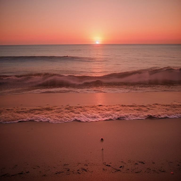 realistic film,no characters,at the seaside,pink orange sunset,It gives people a very ambiguous feeling