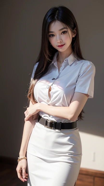 Standing and smiling , stand , (8k, best quality, masterpiece, ultra highres:1.2) Photo of Pretty thai woman beautiful, beautiful enchanting fashion contemporary painting with , (1girl), (white shirt short sleeves), ((black pencil skirt)), belt , , blonde hair, , realistic skin texture , round chin, 85 mm art lens, f 1. 2, sharp focus, 8 k high definition, insanely detailed, intricate, elegant, large breasts, big breasts , black skirt ,