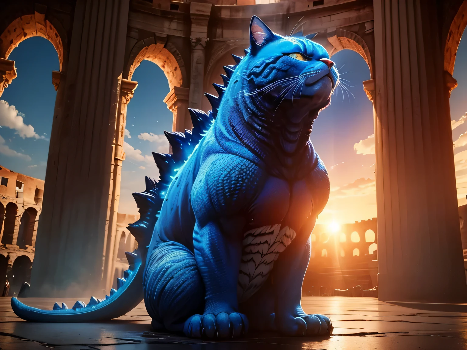 energy tide, don't need humans, There is a flow of blue energy.,4k, Godzilla is like an orange cat with short legs. Sleeping in the Colosseum in the middle of Rome,Anime,cute