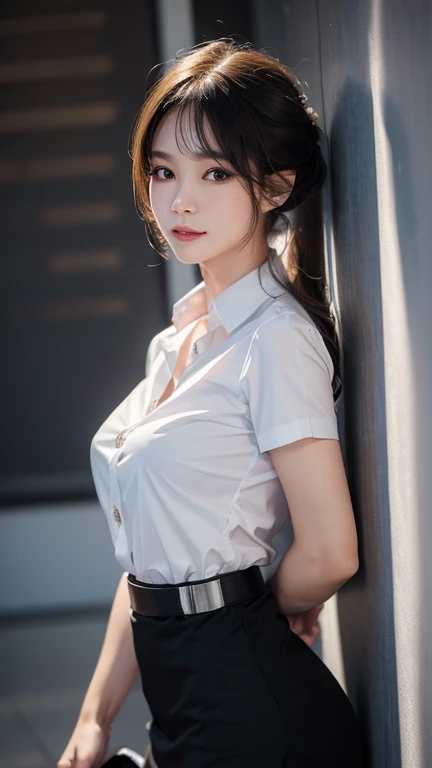 Standing and smiling , stand , (8k, best quality, masterpiece, ultra highres:1.2) Photo of Pretty thai woman beautiful, beautiful enchanting fashion contemporary painting with , (1girl), (white shirt short sleeves), ((black pencil skirt)), belt , , blonde hair, , realistic skin texture , round chin, 85 mm art lens, f 1. 2, sharp focus, 8 k high definition, insanely detailed, intricate, elegant, large breasts, big breasts , black skirt ,