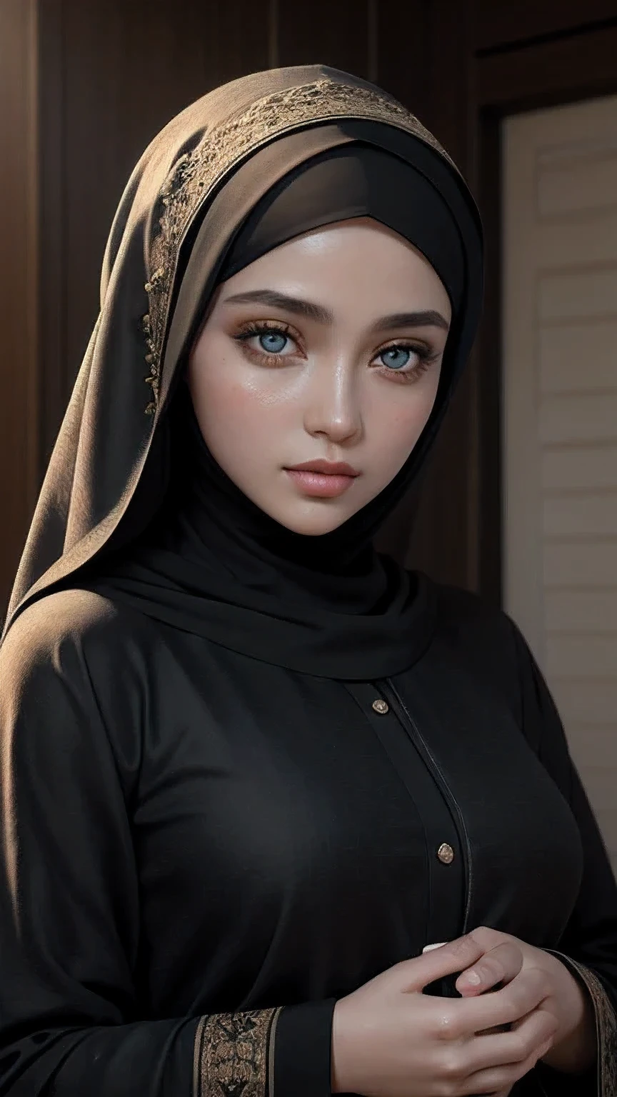 (RAW style, masterpiece, best quality, ultra-detailed) closed-up view , a beautiful hijab woman ((beautiful eyes)) wearing abaya , exquisite image boasts an ultra-realistic and ultra-detailed representation, with intricate details that capture the depth and nuance of every feature. The depth of field is expertly rendered, adding a sense of dimension and texture to the scene. Octane renders bring out the ultra-definition in the (skin texture, film grain), imbuing the image with a cinematic feel that is further enhanced by the cinematic light, which bathes the girl's face in sidelighting. The ultra high