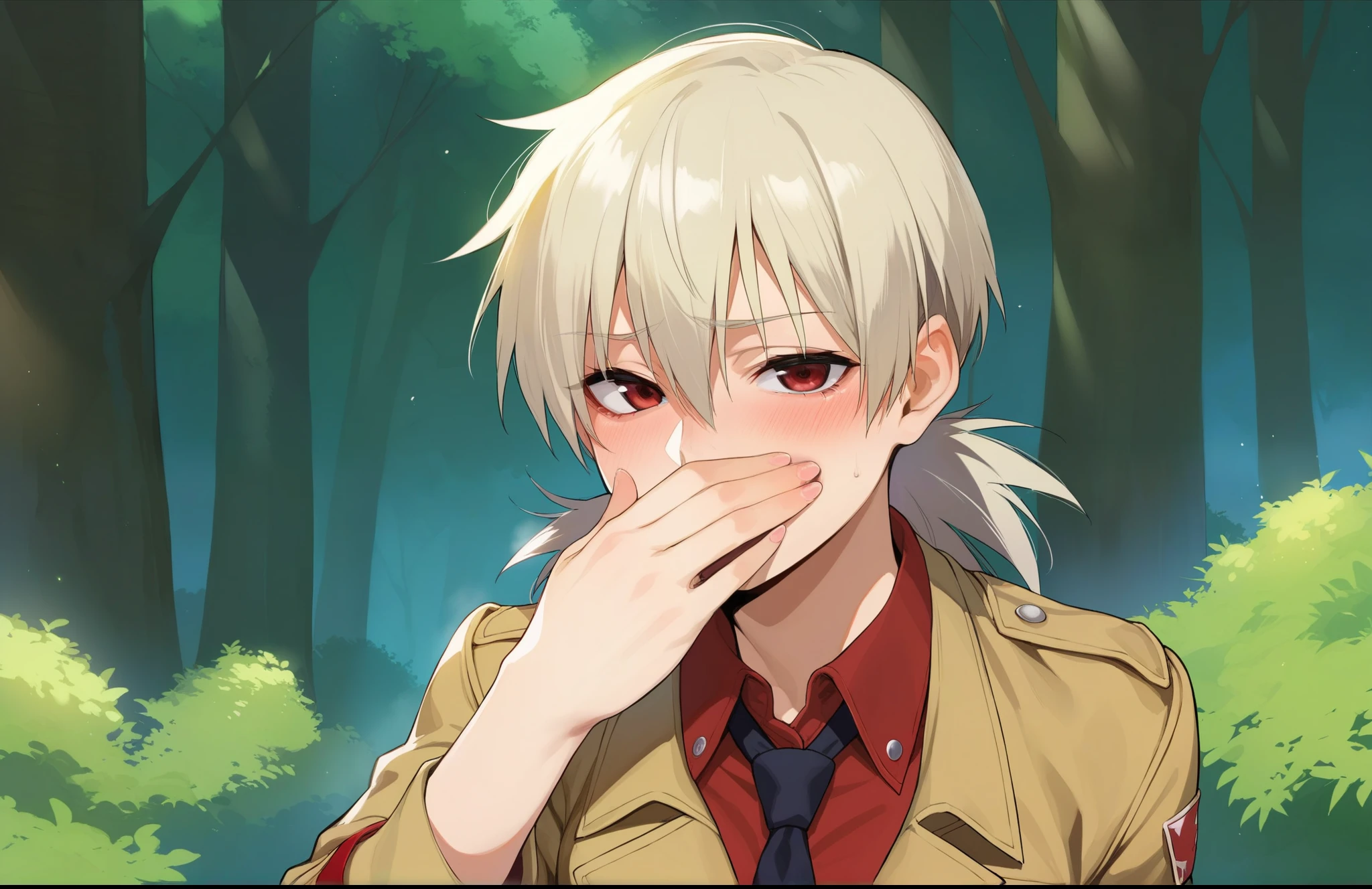 score_9, score_8_up, score_7_up, score_6_up, source_anime, BREAK by ikuchan kaoru, iku, clean color, flat color,1girl, hellsing, seras, outdoors, in Forest, face focus, face closeup, face, face only, smug, shy, embarrassed, covering mouth, covering eyes