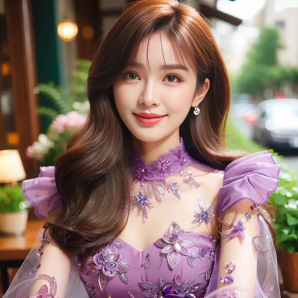 a close up of a woman with long hair wearing a purple dress, brown flowing hair, long glowing ethereal hair, long flowing brown hair, asian girl with long hair, long wavy brown hair, ethereal beauty, light brown long wavy hair, long brown wavy hair, brown wavy hair, beautiful asian girl, long hairstyle, dynamic wavy hair, beautiful young korean woman
