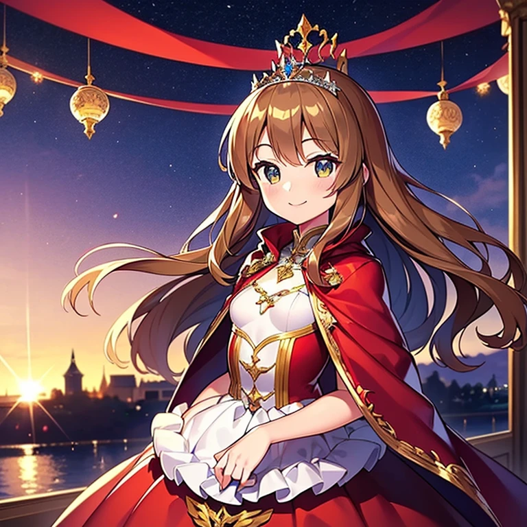 (best quality),(ultra detailed), upper body, beautiful anime art style, rococo style,(long train red cape), very long cape,(long train white ball gown with flower decorations), a girl is wearing a cape over her ball gown, 1 little princess, tiara, small breasts, smile, very long hair