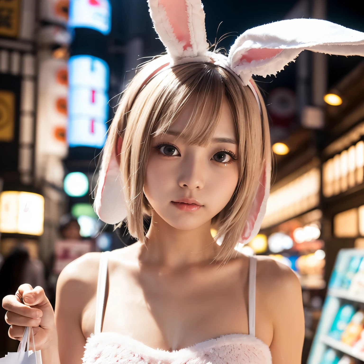 Masterpiece, 4K, Beautiful girl, (Japanese idle:1.6),  (white bob hair:1.4), (Bunny ears:1.4), (Bunny costume:1.4), Looking at the viewer, Blushed face, cowboy shot, (Shopping:1.4)