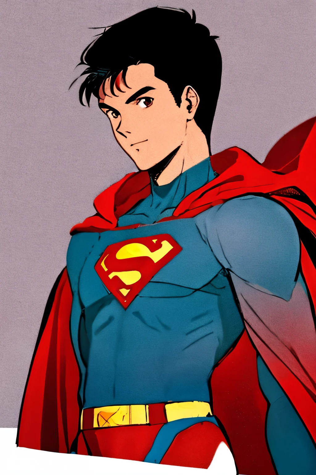 masterpiece, best quality, cel shaded, bright colors, 1boy, solo, male focus, short black hair, brown eyes, small smile, healthy complexion, strong frame, classic superman suit, blue tights, red cape, red trunks, upper body shot, looking at viewer, simple background