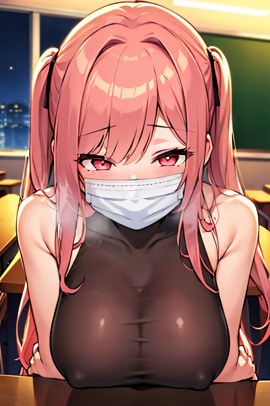 masterpiece,best quality,1girl,face closeup,blush,fellatio_under_mask,Transparent mask,in classroom,at night