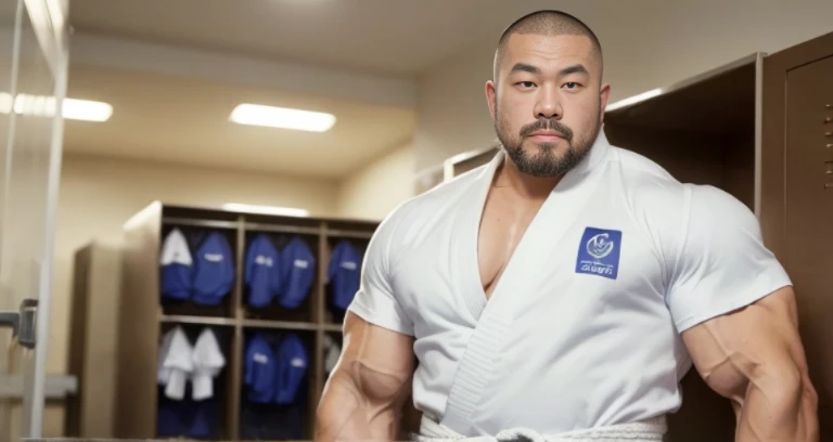(open-chested clothing:1.6), (judo uniform:1.2), (inside club locker room:1.2), Japanese man, Chinese man, Korean man, Taiwanese man, manly face, (round face:1.2), (monolid eyes:1.2), (buzz cut:1.4), very large and strong body, (bulging muscles:1.3), (very large pectoral muscles:1.3), (muscular arms:1.3), muscular abs, muscular legs, muscular back, brightens oily skin, master piece, realistic, panorama, distant view