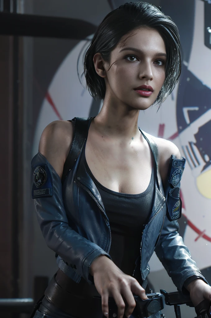 Jill Valentine, Zombie bites on her body,Beautiful women， Sexy women， Perfect breasts，(Big tits, Big tits, Big tits), （ لقطة لFull body））， Long legs， Back， Please attach your CV to the letter，Interface，（Looking at viewert）， The camera angle is low, Night Street， Connor Harrington，He wears a blue jacket and black skinny jeans，Close-up of woman holding a pistol and rifle, براقة Jill Valentine, Kidney price, Resident Evil inspired, Quiet from Metal Gear Solid v, Quiet from Metal Gear Solid, Heroines, Like mercenaries in the dark space, She is wearing a black tank top, Inspired by Ling Mei, Video game character, The model is wearing an artistic jacket，（（Full body）），