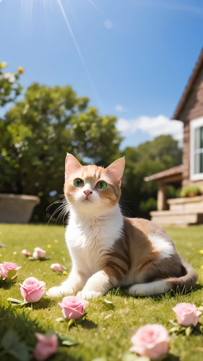 Adorable brown-white cat playing under a blue rose. Rose petals are reflected in your eyes, Create an elegant and inspiring atmosphere. The surrounding environment is filled with light, Blue rose petals fluttering down、The scenery turns blue. Each petal has a fine texture., Convey freshness and vitality. whole, The image is an idyllic landscape on a calm spring day.。