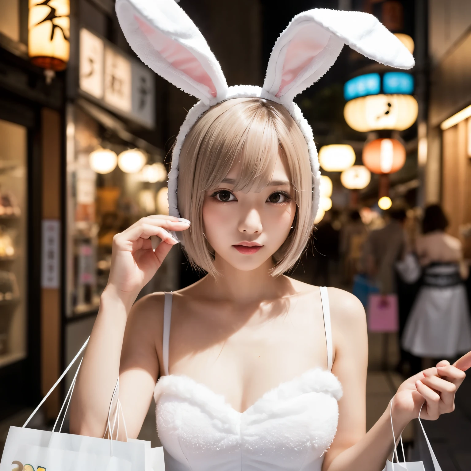 Masterpiece, 4K, Beautiful girl, (Japanese idle:1.6),  (white bob hair:1.4), (Bunny ears:1.4), (Bunny costume:1.4), Looking at the viewer, Blushed face, cowboy shot, (Shopping:1.4)
